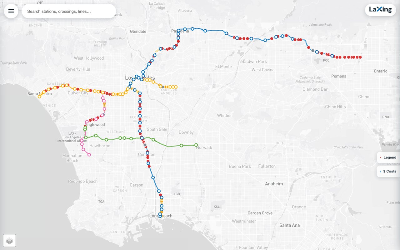 LaXing full interactive map on a desktop: every crossing and station with the Legend and Costs tabs