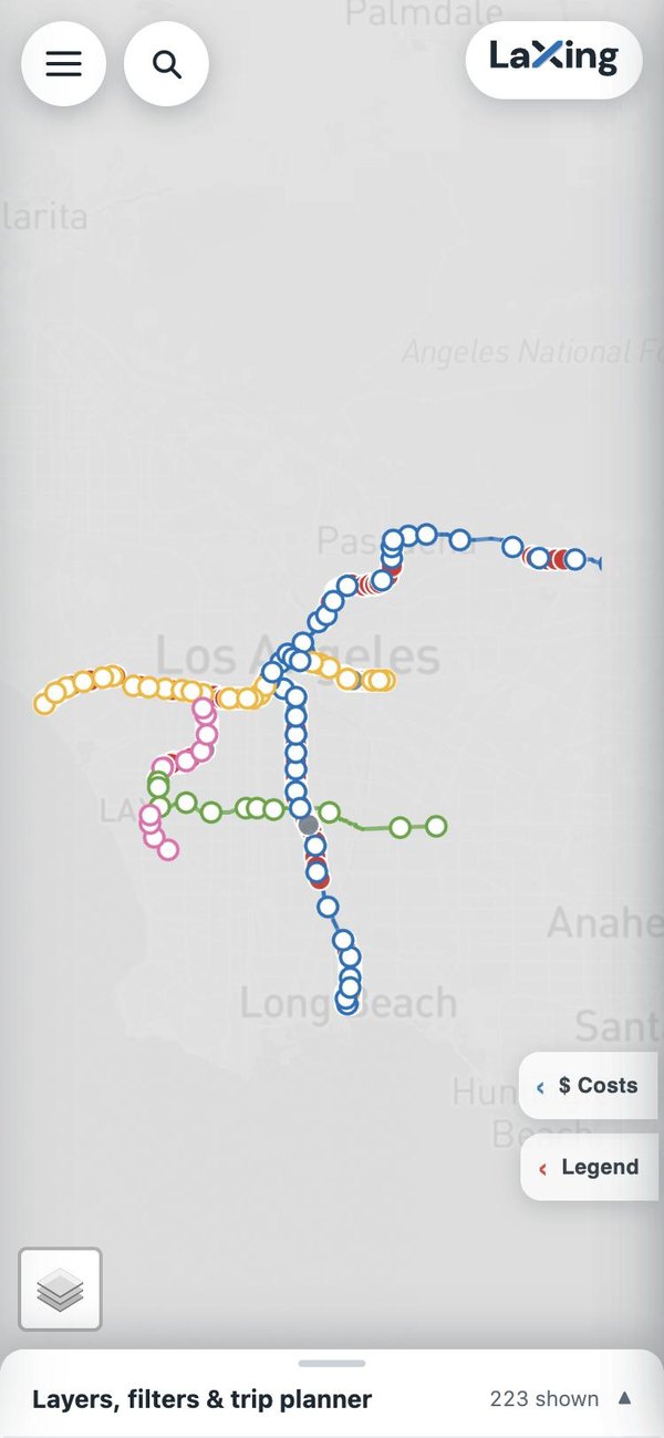 LaXing full interactive map on a phone with the layers sheet at the bottom