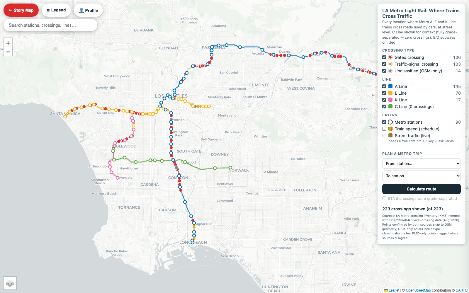 LaXing full interactive map — crossings, stations, speed layers and route planner