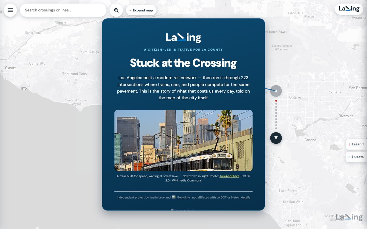 LaXing Story Map on a desktop: the opening chapter over a map of Los Angeles