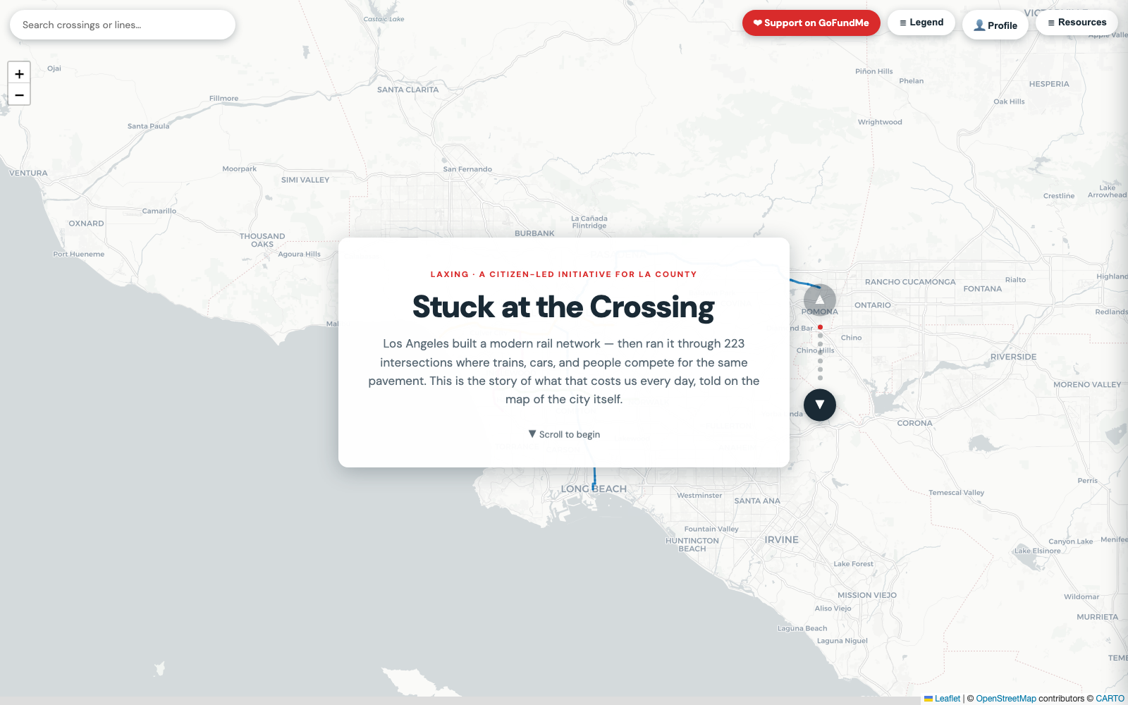 LaXing Story Map — scroll-driven narrative over a map of Los Angeles